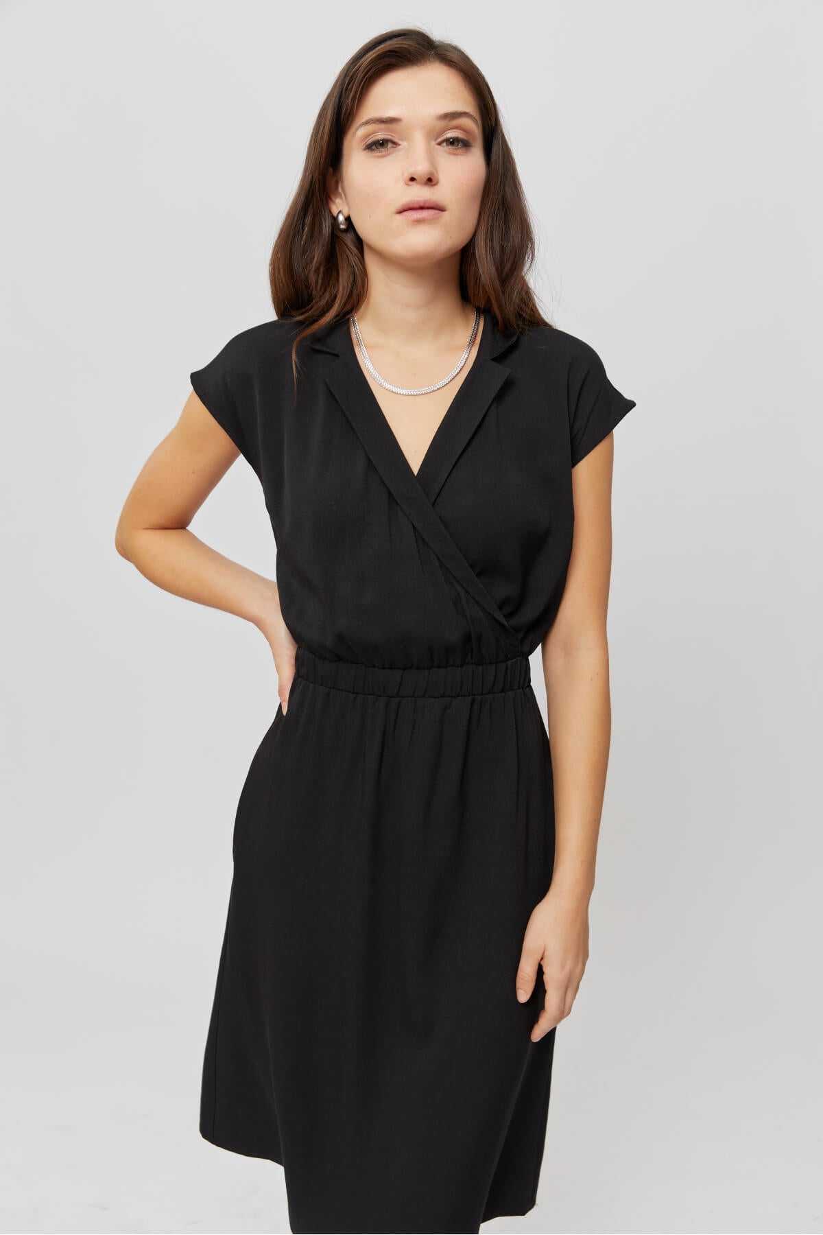 Lilit | Formal Midi Dress with Wrap Optic in Black