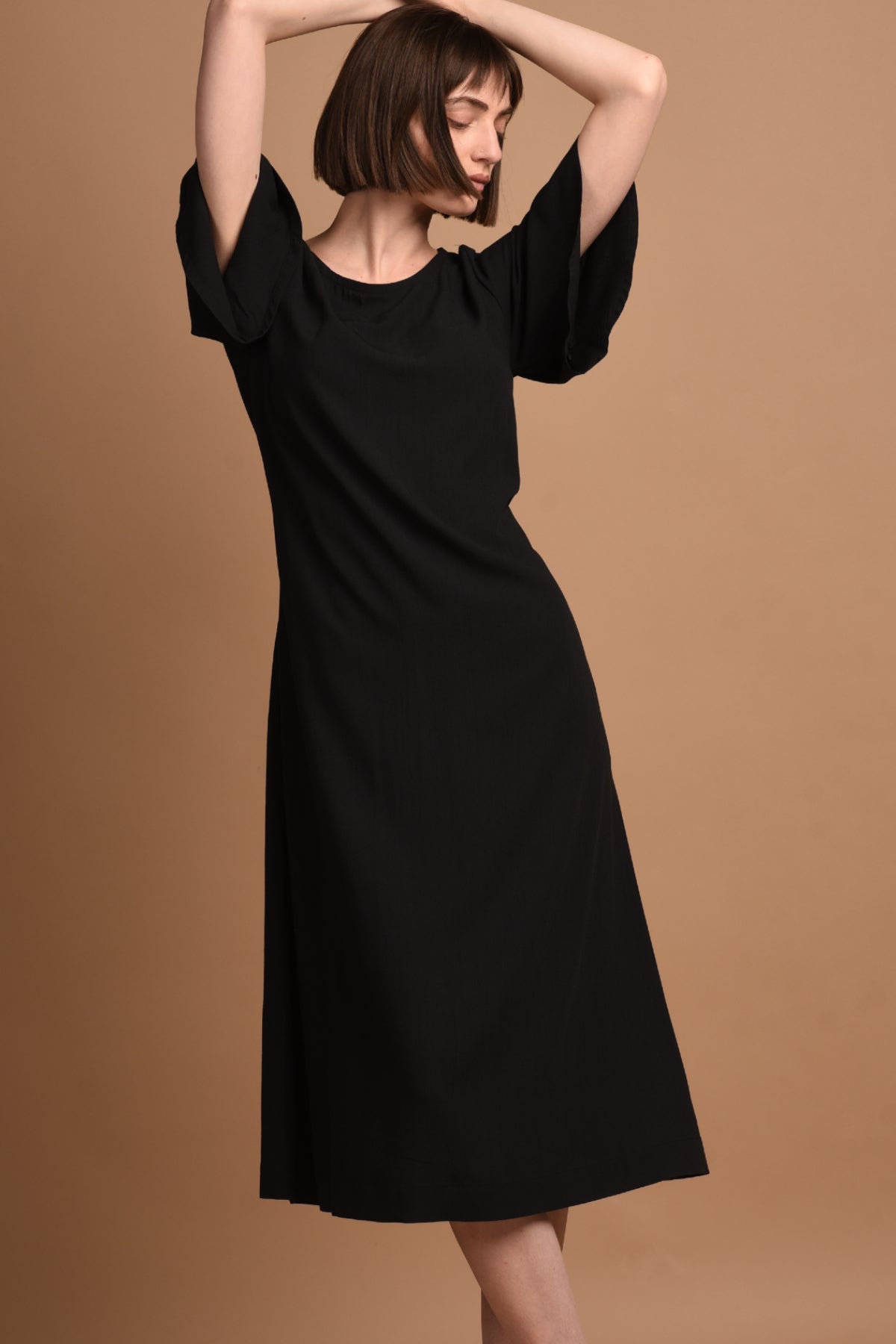Nika | Round Neck Dress with Butterfly Sleeves in Black