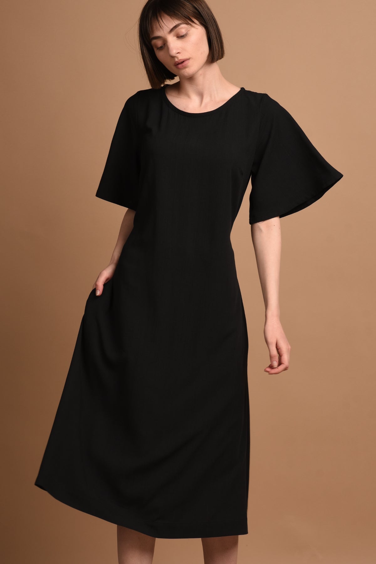 Nika | Round Neck Dress with Butterfly Sleeves in Black