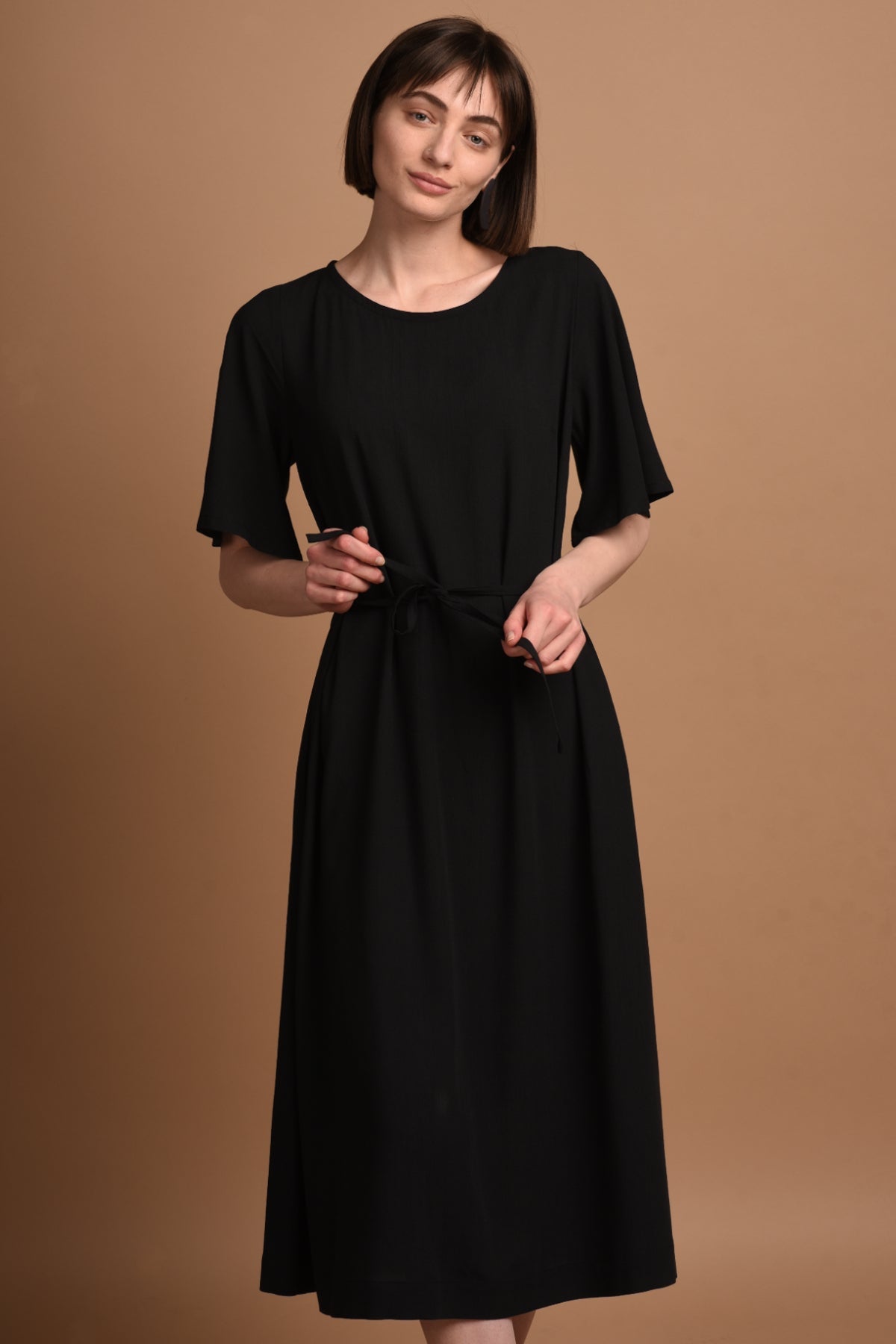 Nika | Round Neck Dress with Butterfly Sleeves in Black