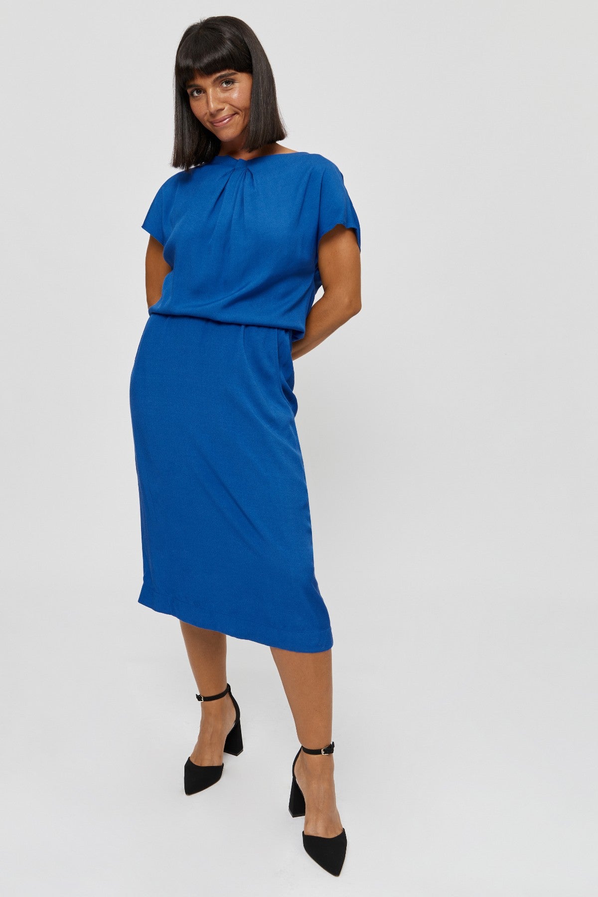 Amy | Midi Dress with Pencil Skirt and Neckline Detail in Classic Blue