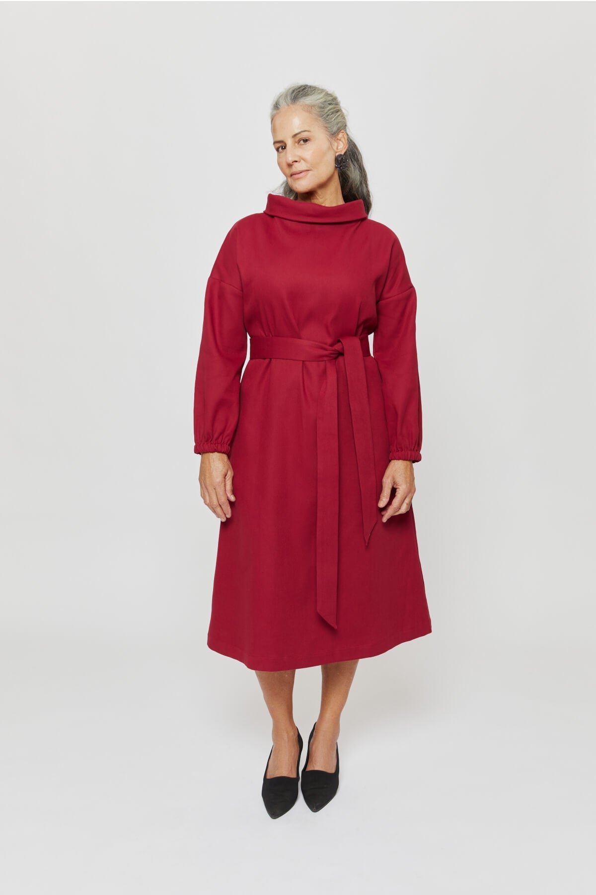 Amalia | Midi Winter Dress with High Rounded Neckline in Red-Bordo