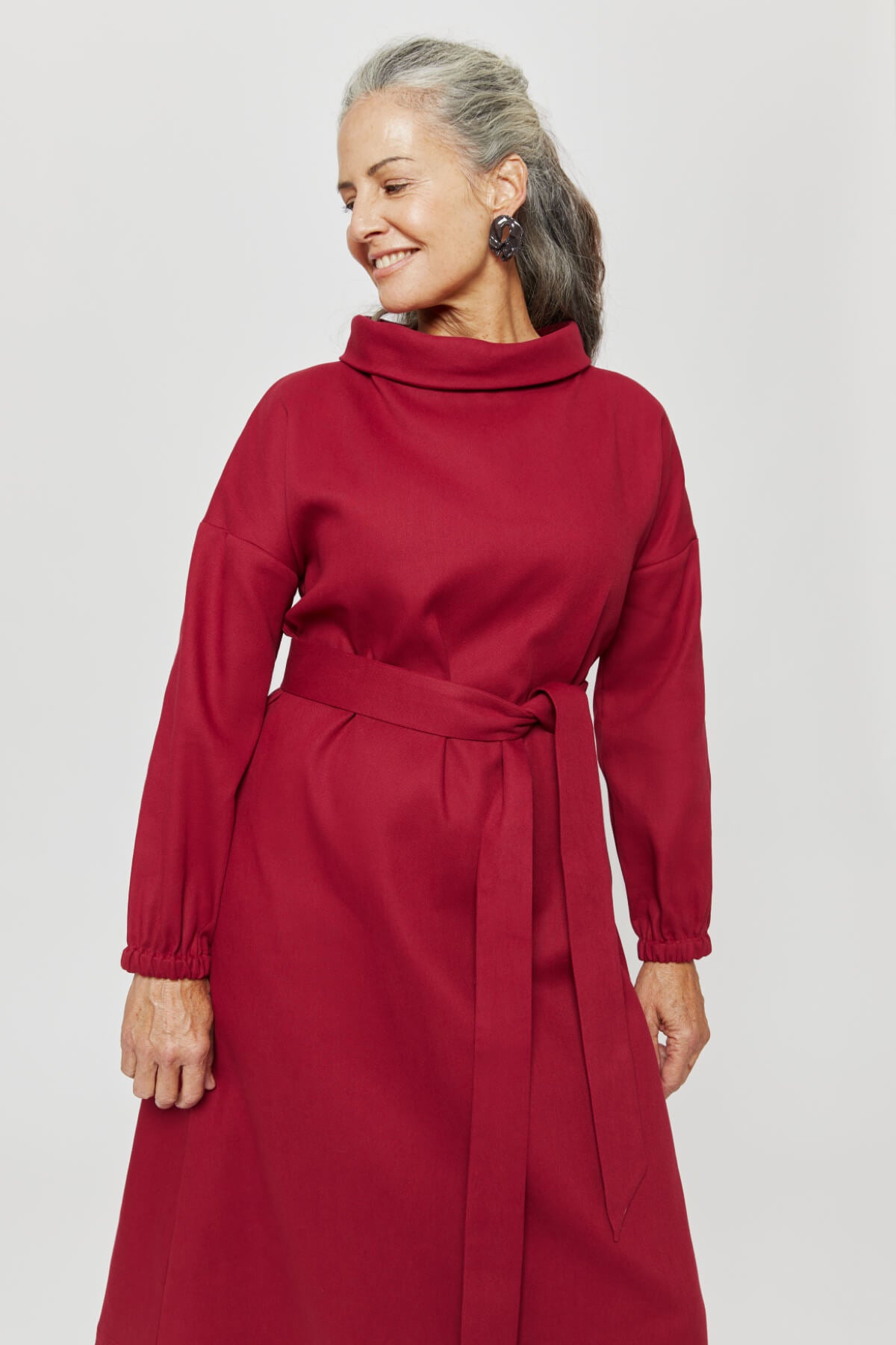 Amalia | Midi Winter Dress with High Rounded Neckline in Red-Bordo