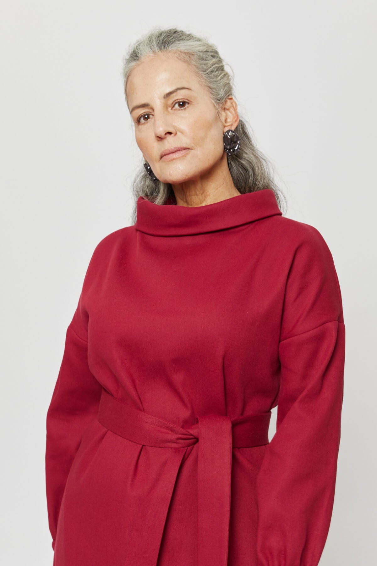 Amalia | Midi Winter Dress with High Rounded Neckline in Red-Bordo