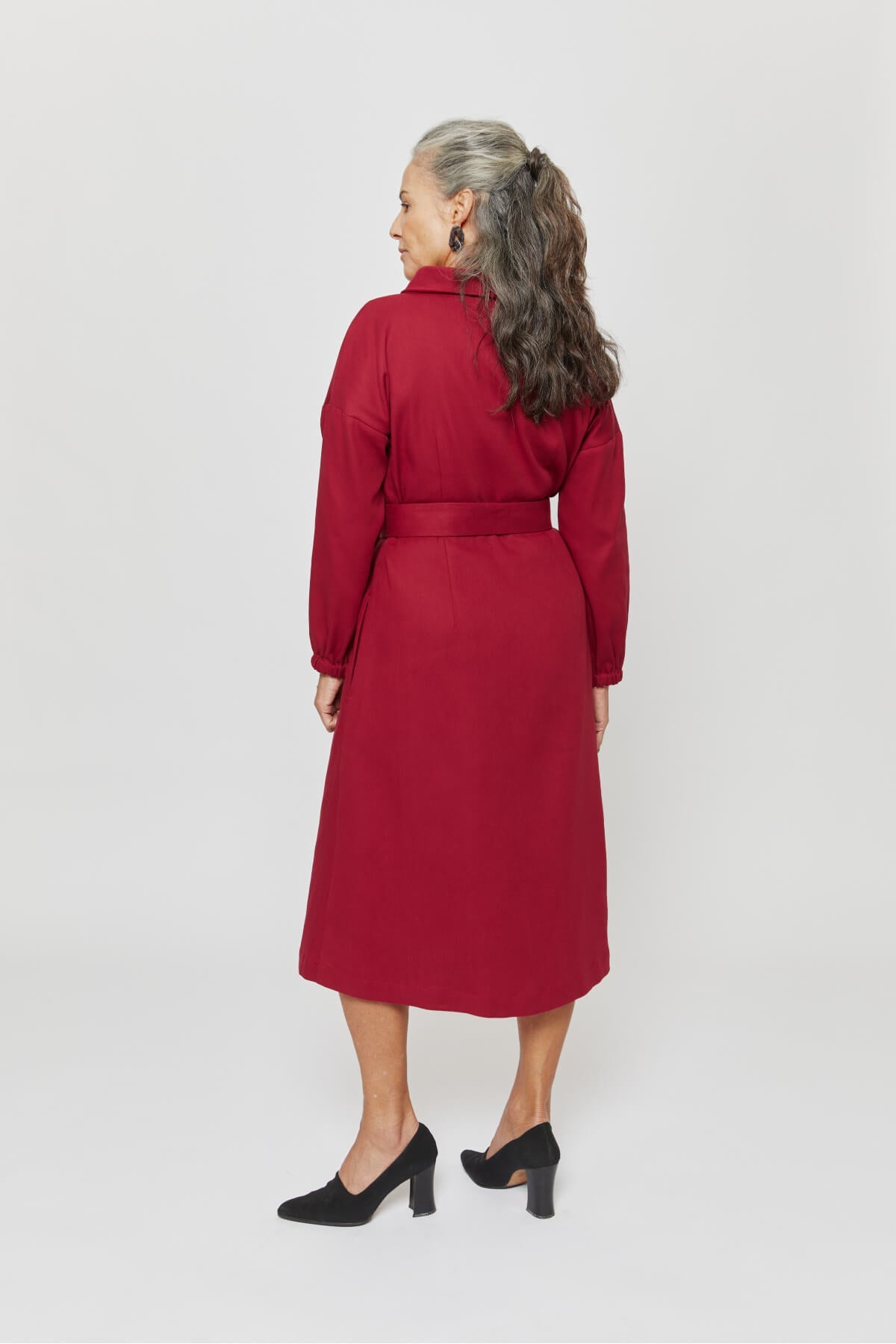 Amalia | Midi Winter Dress with High Rounded Neckline in Red-Bordo