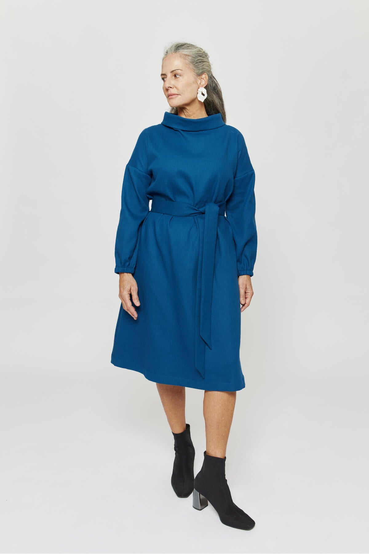 Amalia | Midi Winter Dress with High Rounded Neckline in Petrol-Blue