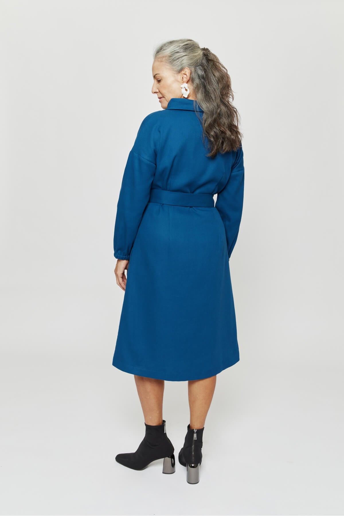 Amalia | Midi Winter Dress with High Rounded Neckline in Petrol-Blue