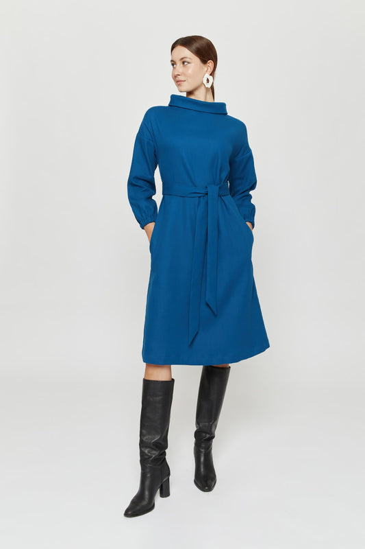 Amalia | Midi Winter Dress with High Rounded Neckline in Petrol-Blue