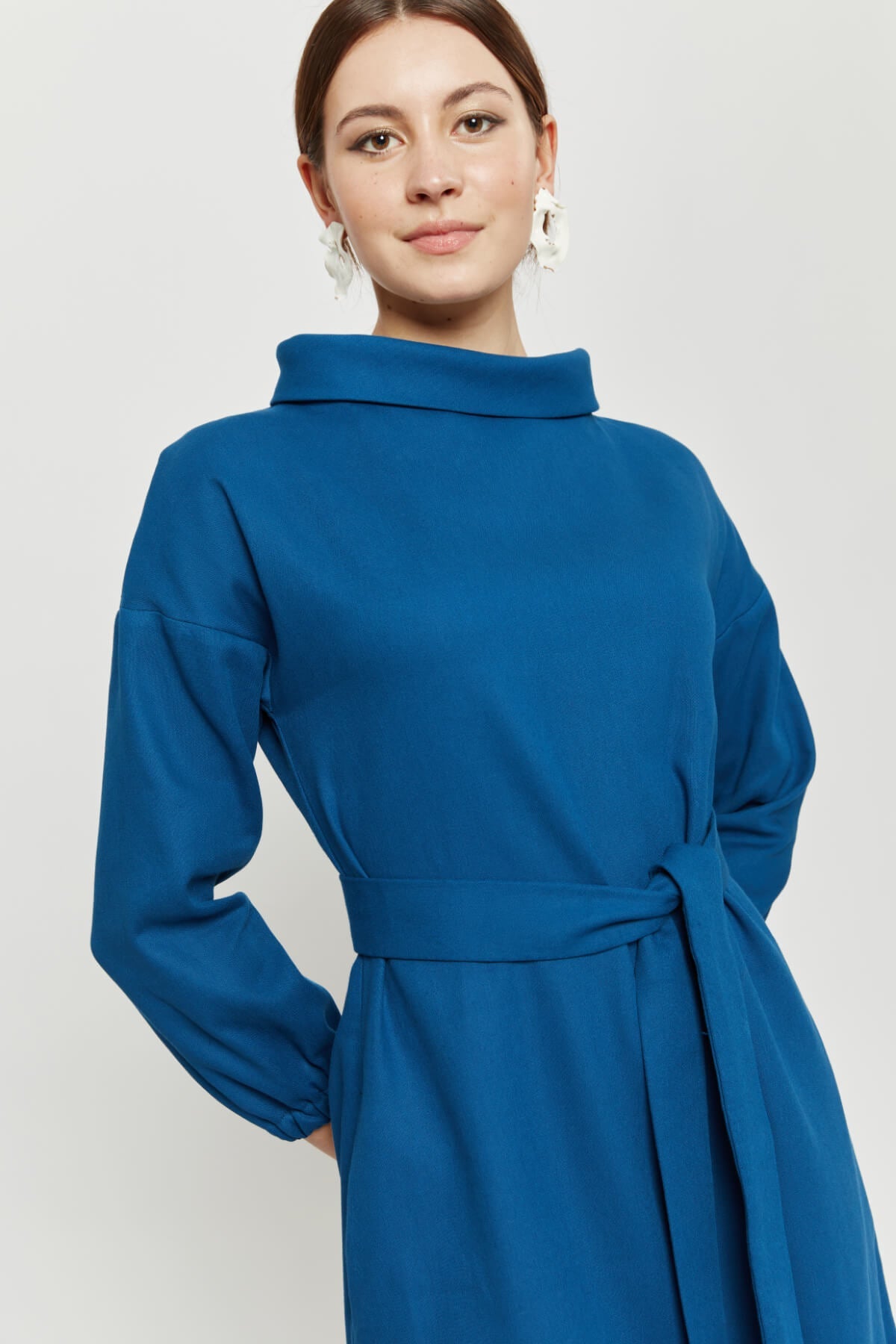 Amalia | Midi Winter Dress with High Rounded Neckline in Petrol-Blue