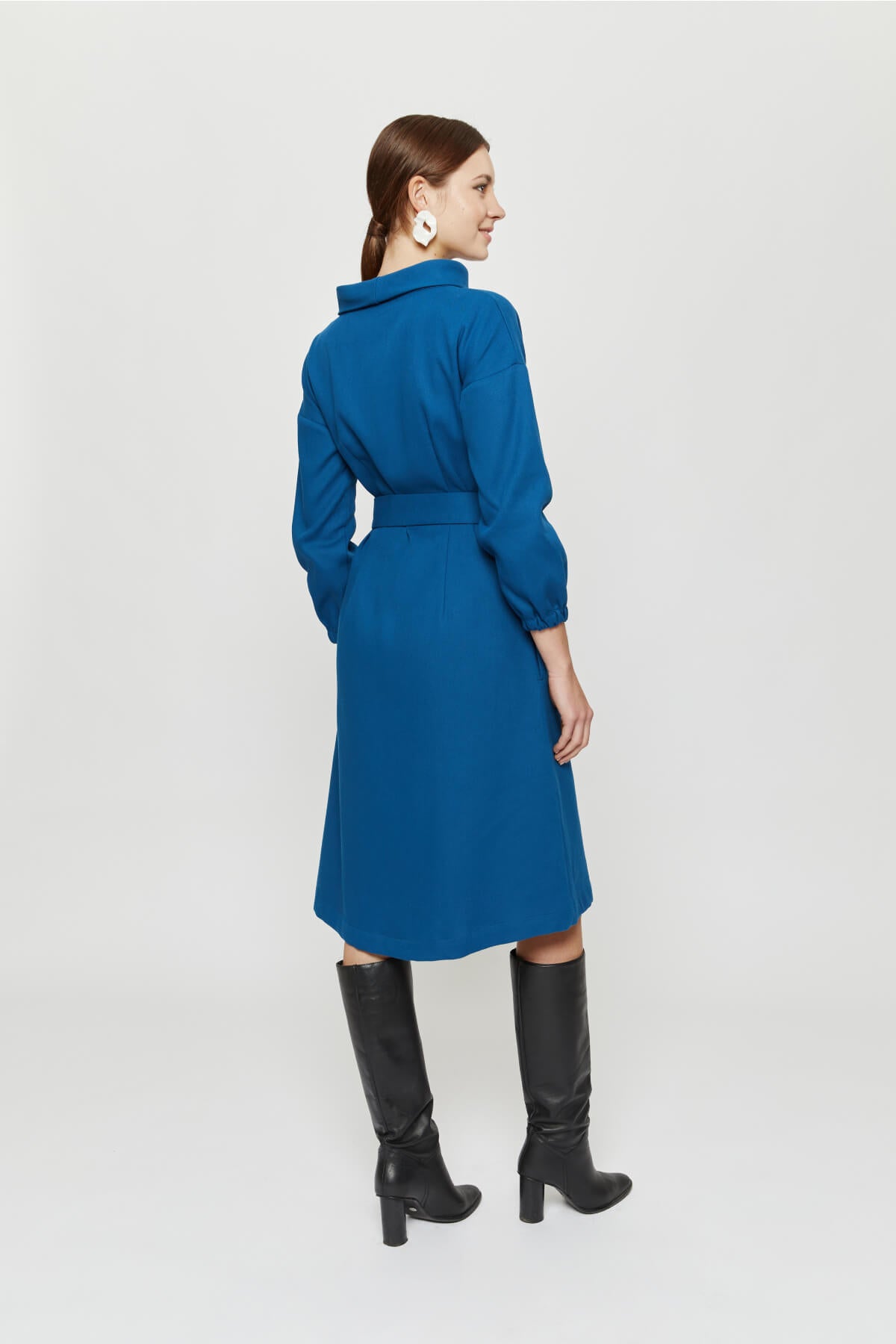 Amalia | Midi Winter Dress with High Rounded Neckline in Petrol-Blue