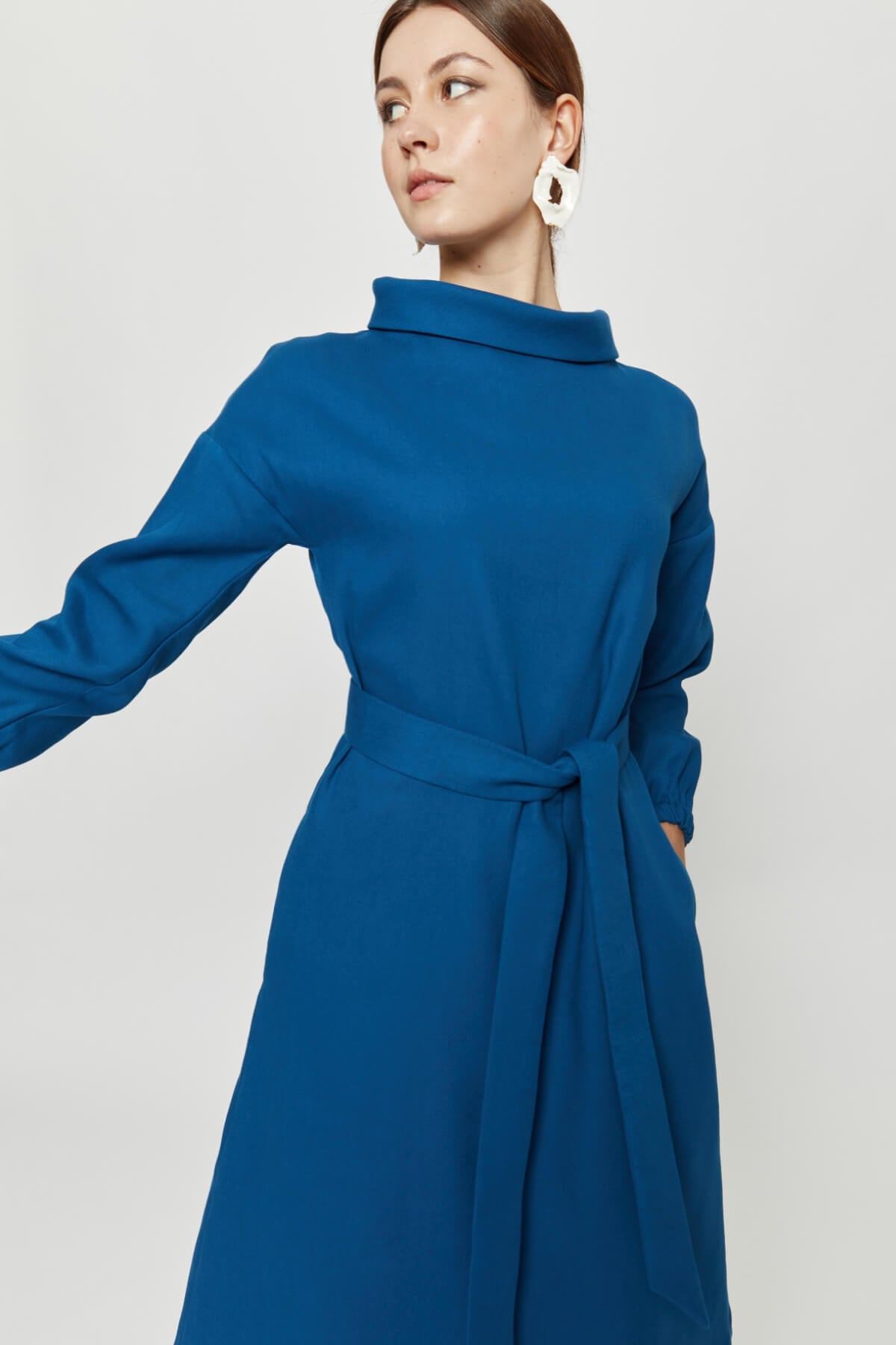 Amalia | Midi Winter Dress with High Rounded Neckline in Petrol-Blue