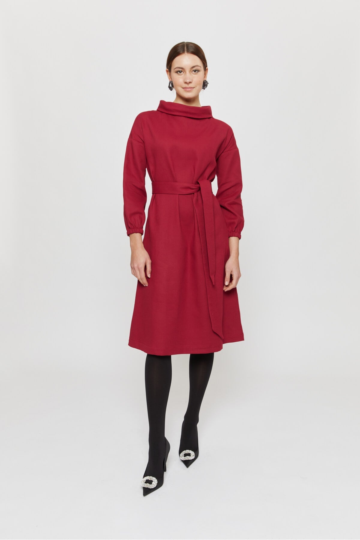 Amalia | Midi Winter Dress with High Rounded Neckline in Red-Bordo