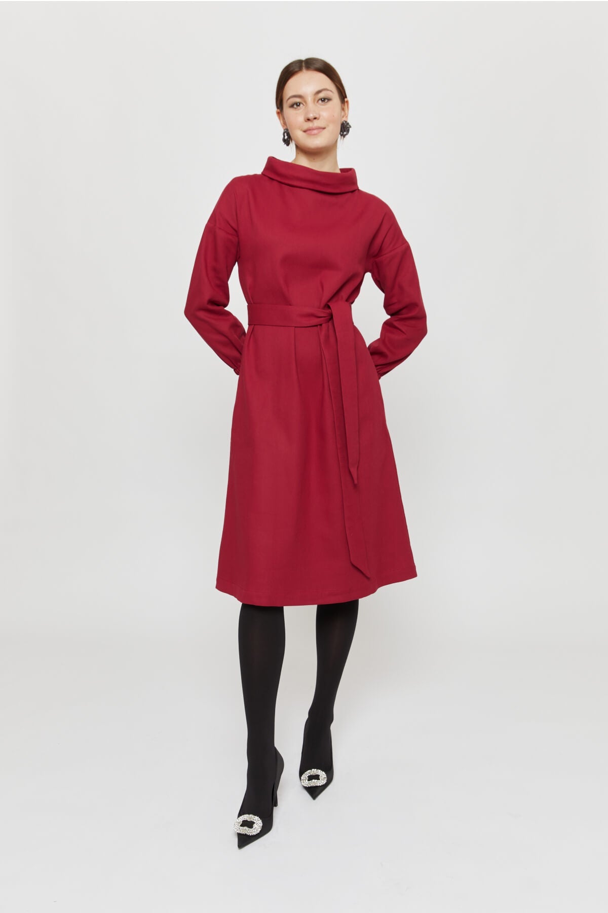 Amalia | Midi Winter Dress with High Rounded Neckline in Red-Bordo