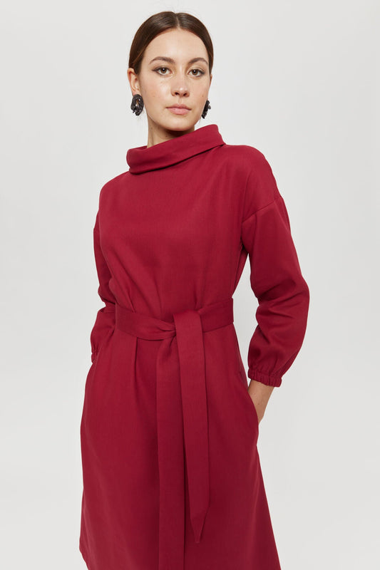 Amalia | Midi Winter Dress with High Rounded Neckline in Red-Bordo