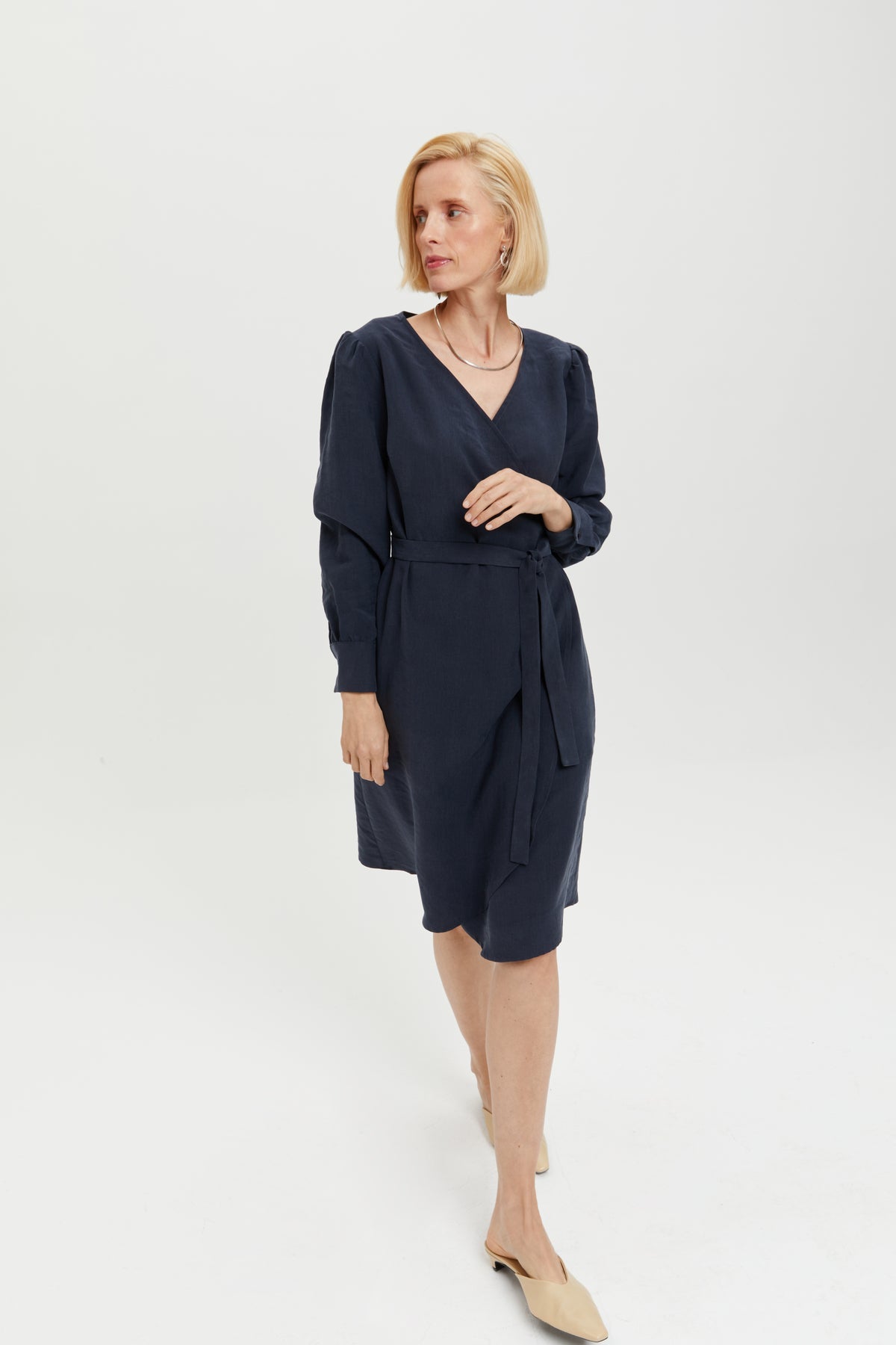 Sophie | Classy Wrap Dress with Puff Sleeves and Tie Waist in Dark Blue