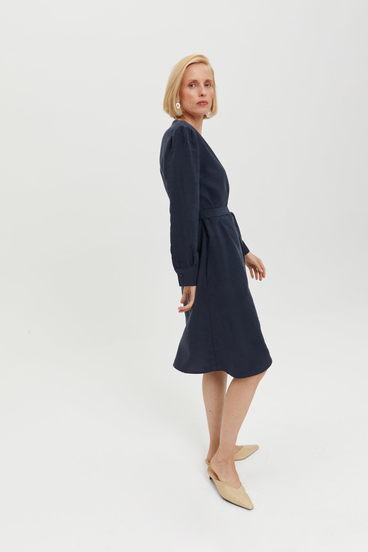 Sophie | Classy Wrap Dress with Puff Sleeves and Tie Waist in Dark Blue