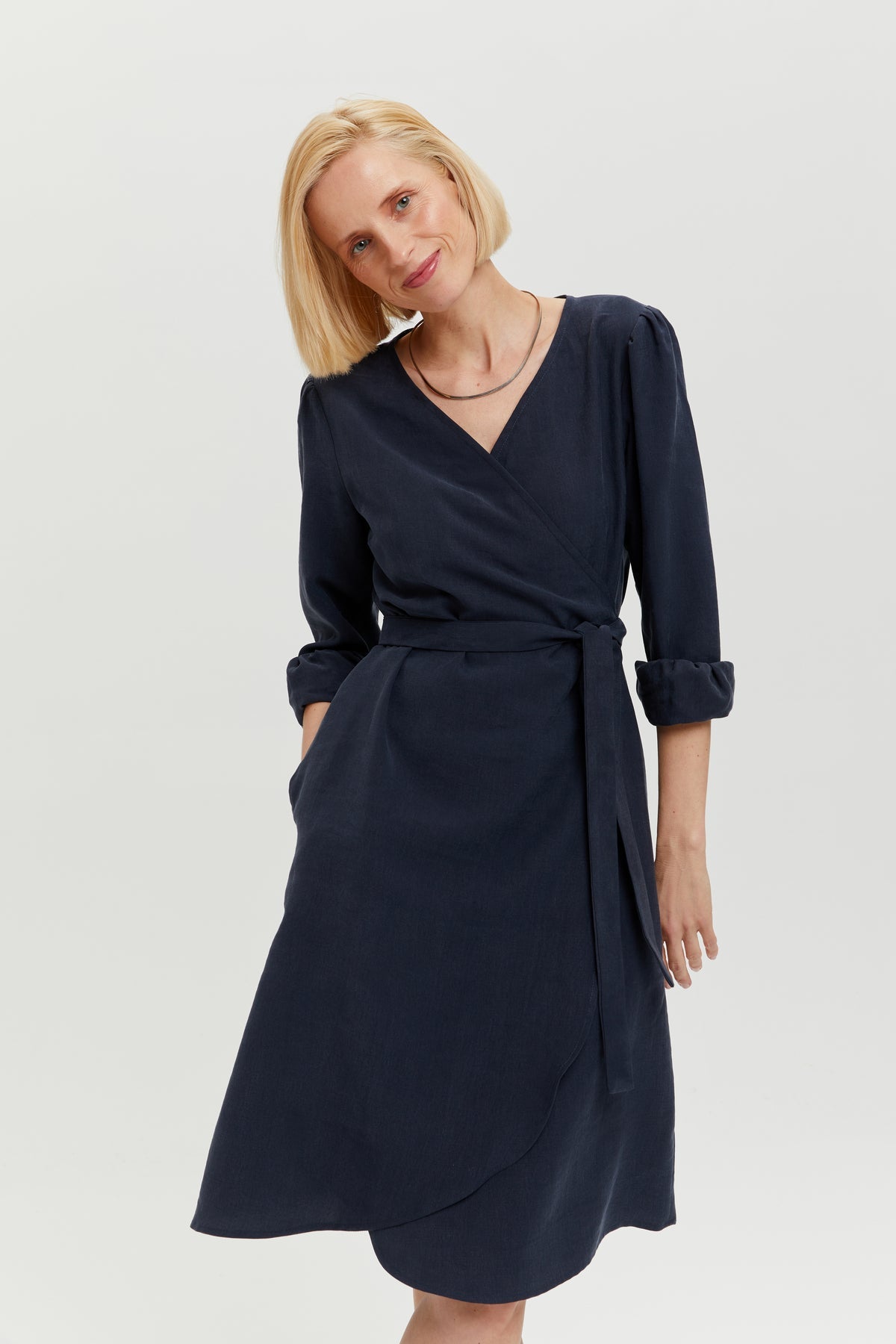 Sophie | Classy Wrap Dress with Puff Sleeves and Tie Waist in Dark Blue