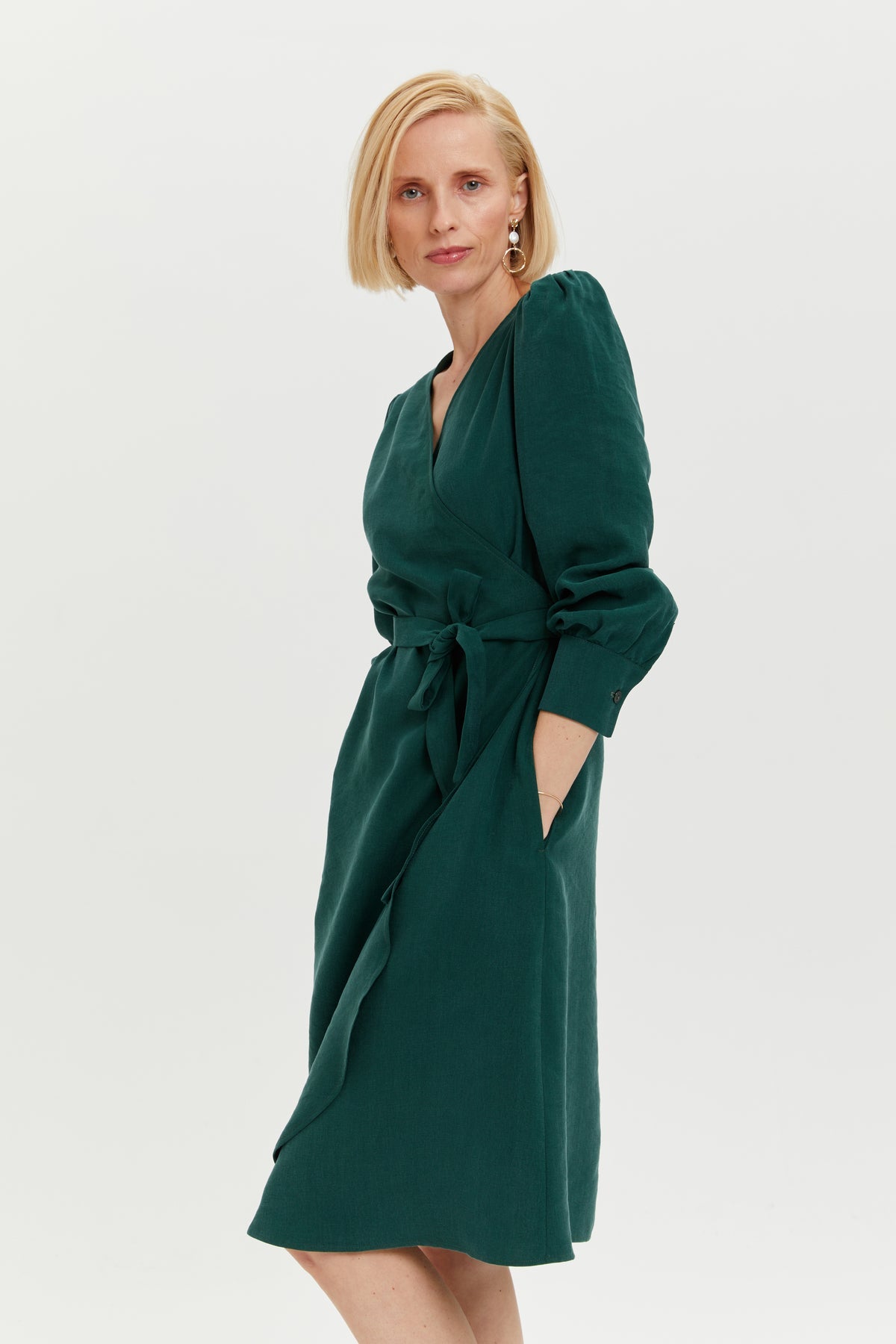 Sophie | Classy Wrap Dress with Puff Sleeves and Tie Waist in Forest Green