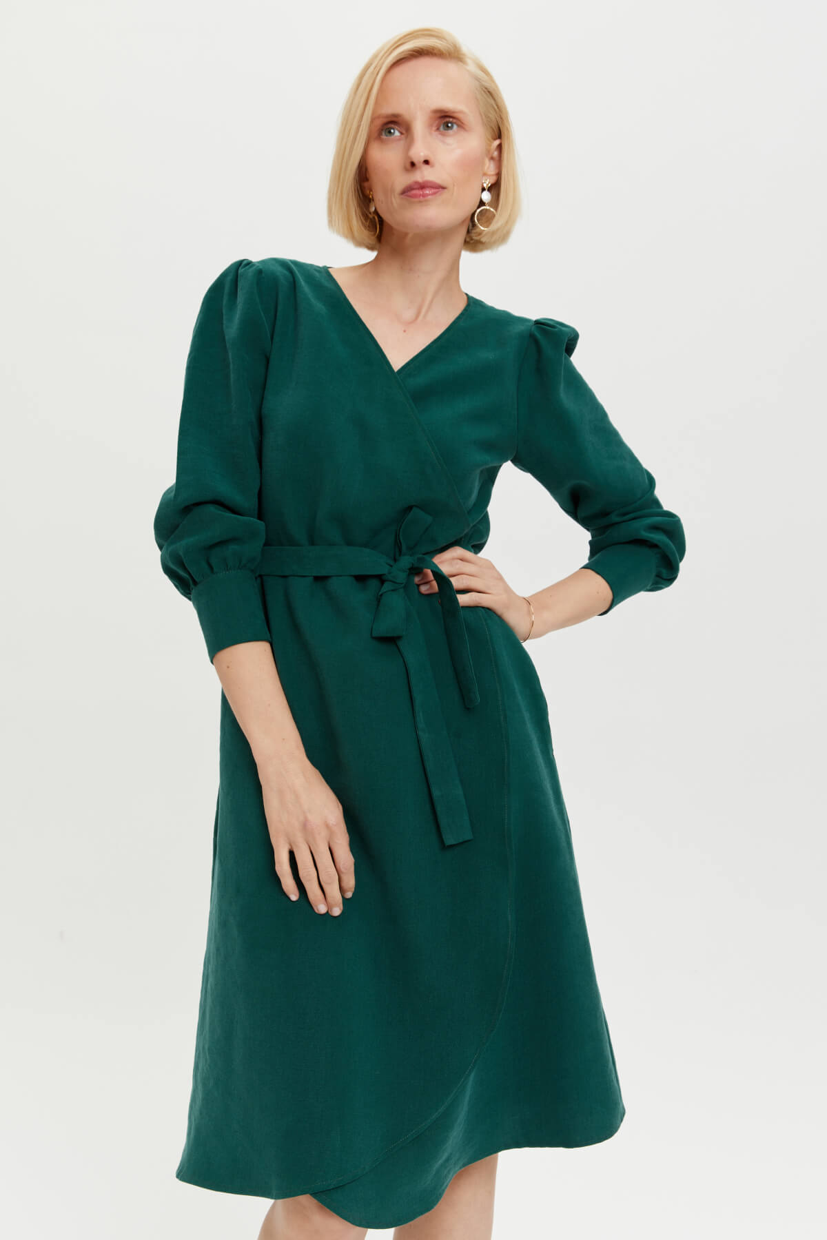 Sophie | Classy Wrap Dress with Puff Sleeves and Tie Waist in Forest Green