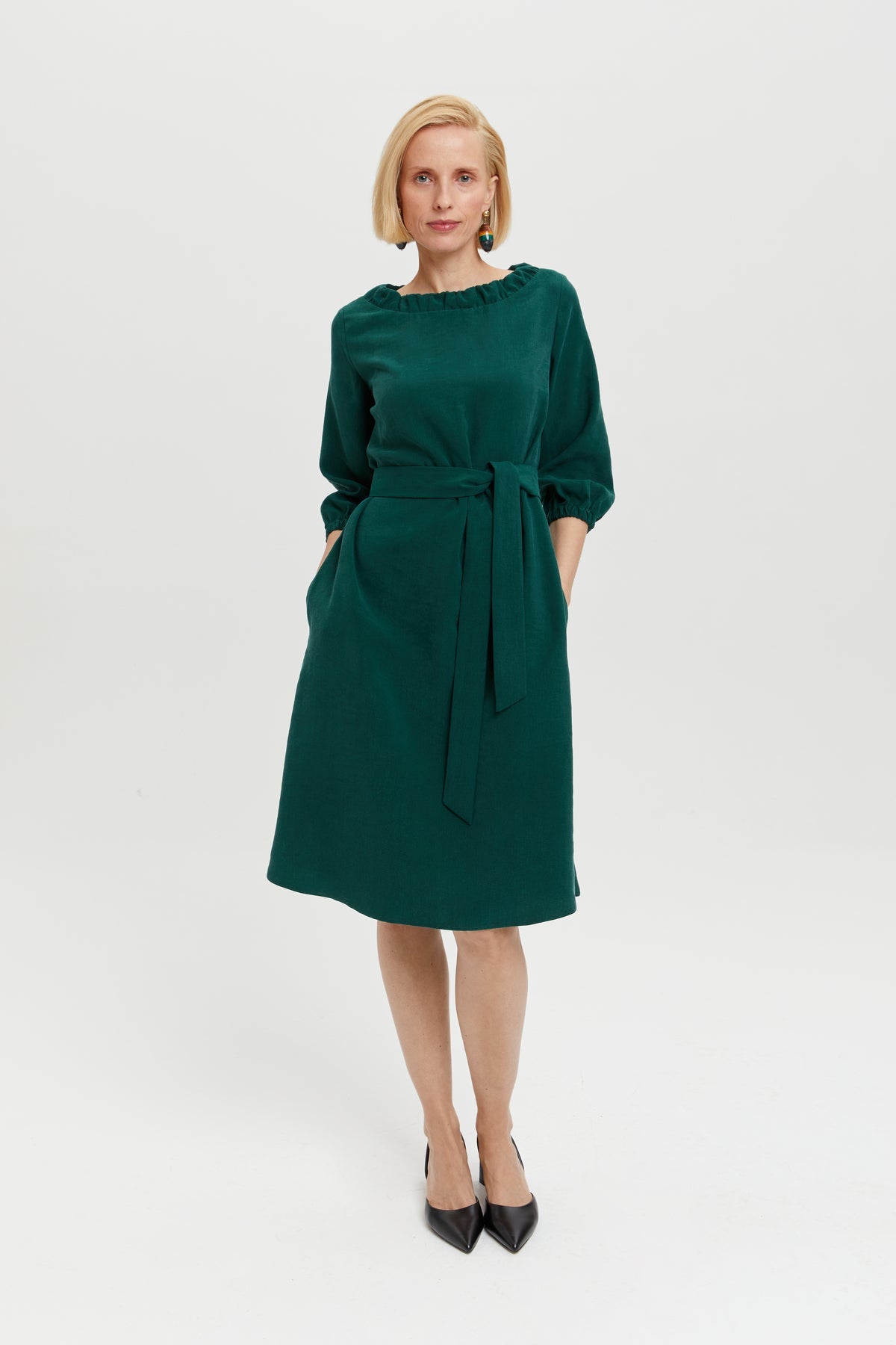 Celine | Elegant Belted Dress with Neckline Element in Forest Green