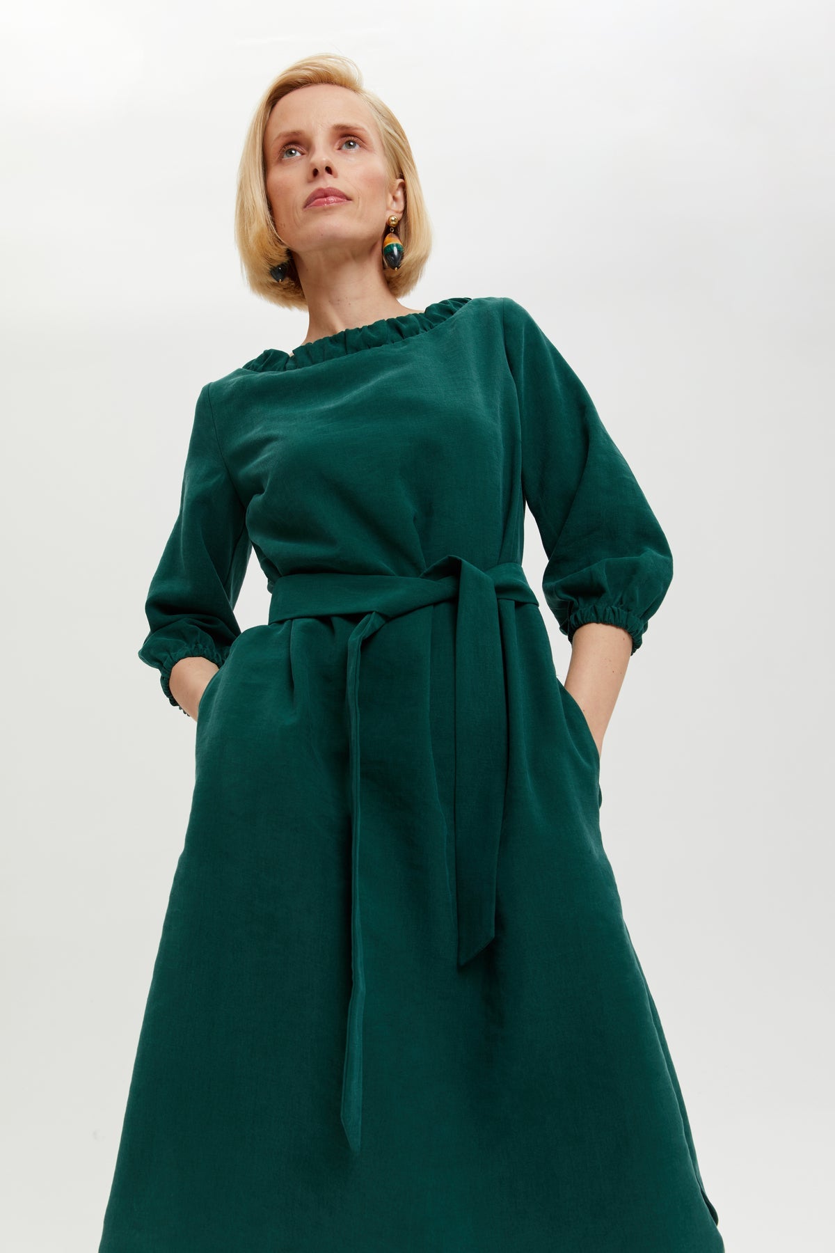 Celine | Elegant Belted Dress with Neckline Element in Forest Green