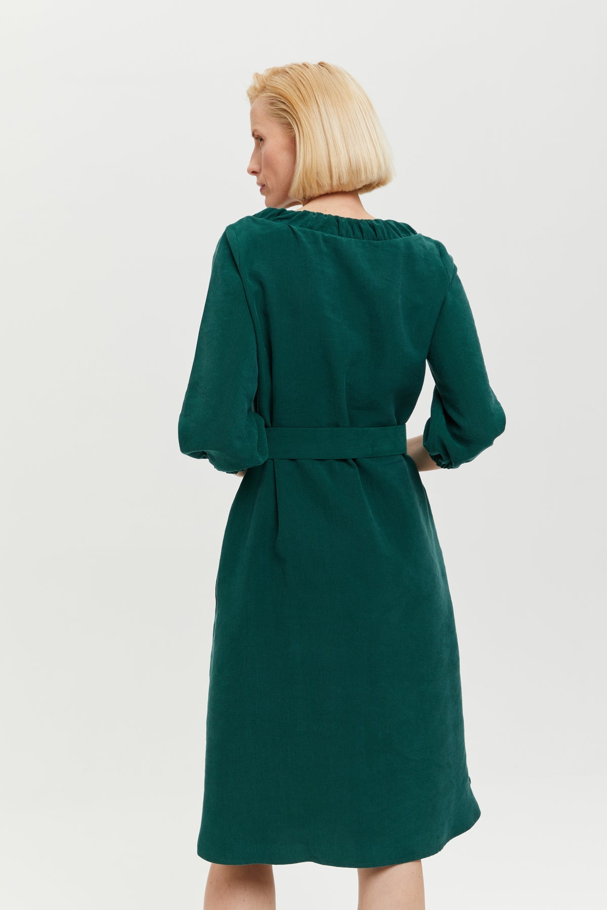 Celine | Elegant Belted Dress with Neckline Element in Forest Green